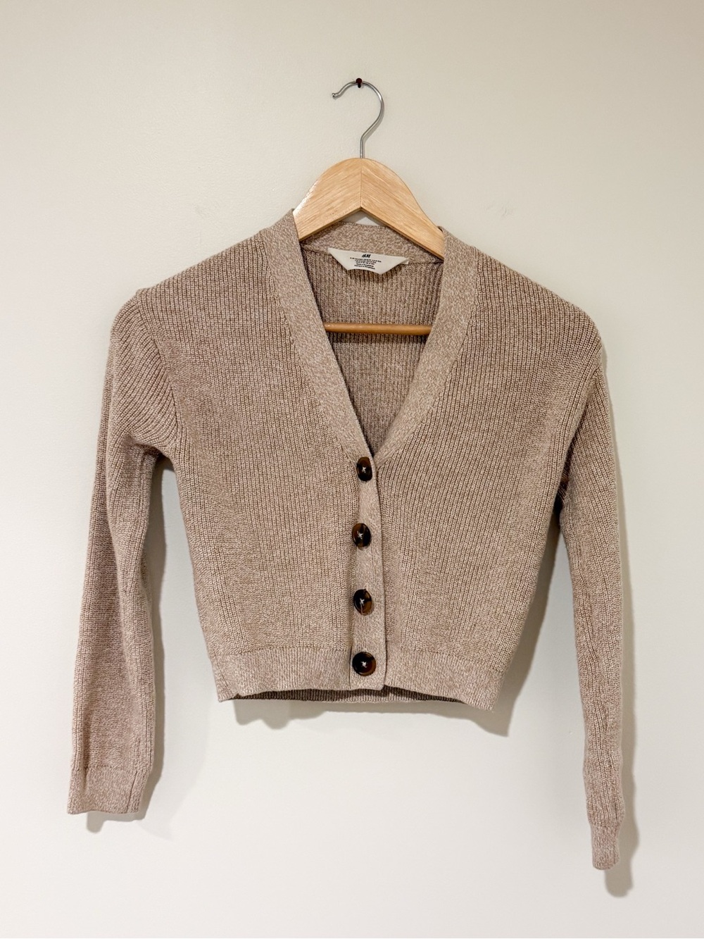 H&M Taupe Cropped V‑Neck Button Cardigan